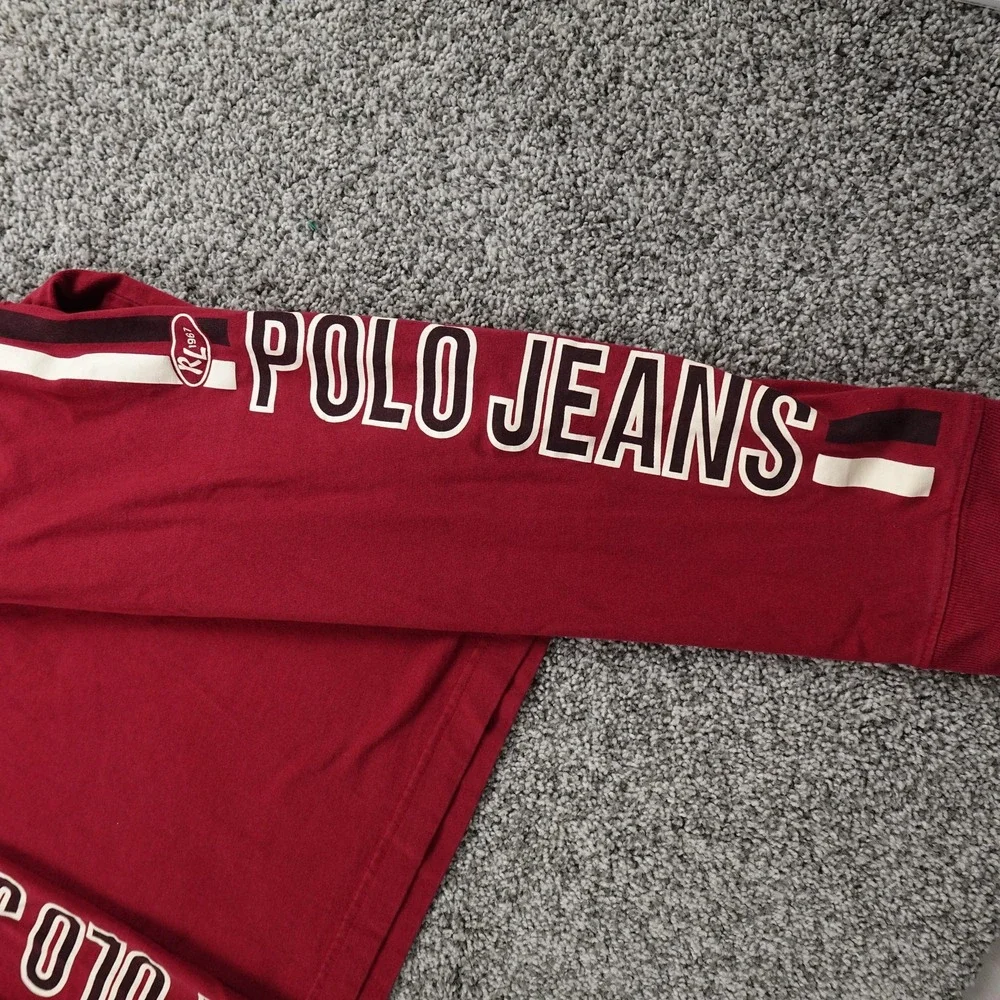 VTG Ralph Lauren Shirt Mens L Red Polo Jeans V Neck Long Sleeve Graphic logo USA